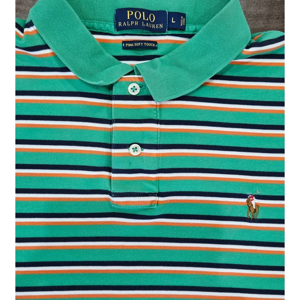 VTG 90's PREPPY Polo Ralph Lauren Pima Soft Striped Polo Shirt FLESH PONY Mens L